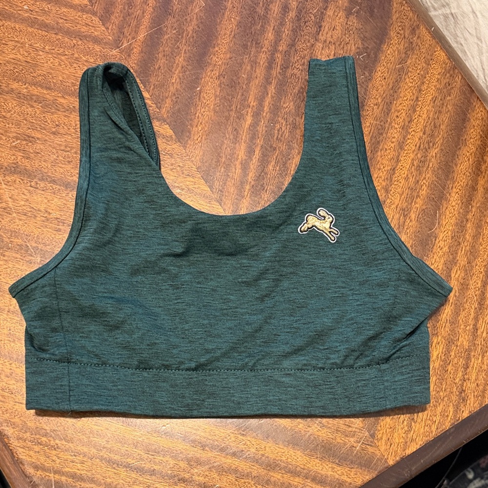 Tracksmith Forest Green Scoop Neck Sports Bra with Hare Patch